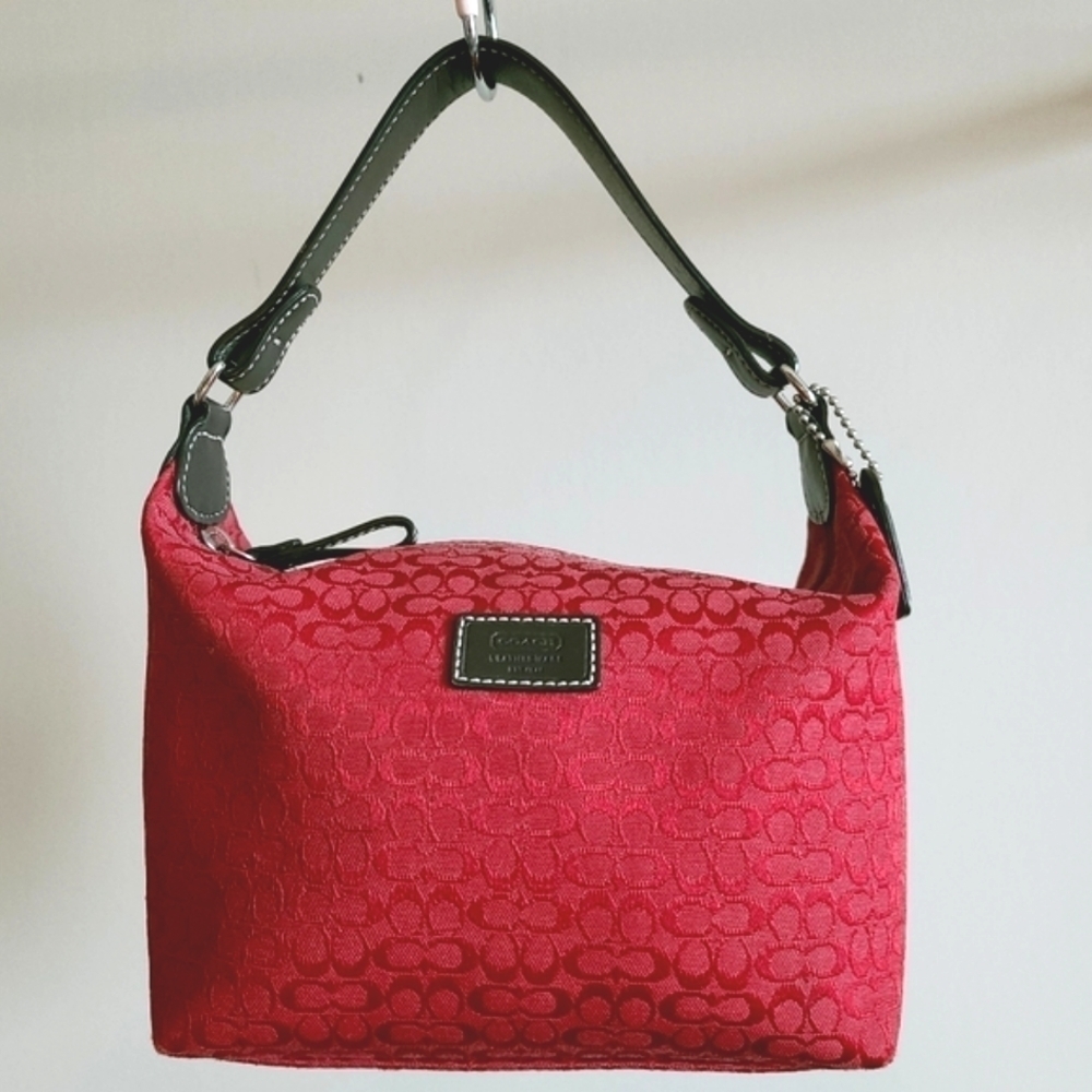 Coach Red Jacquard Mini Bag with Dark Green Leather Handle